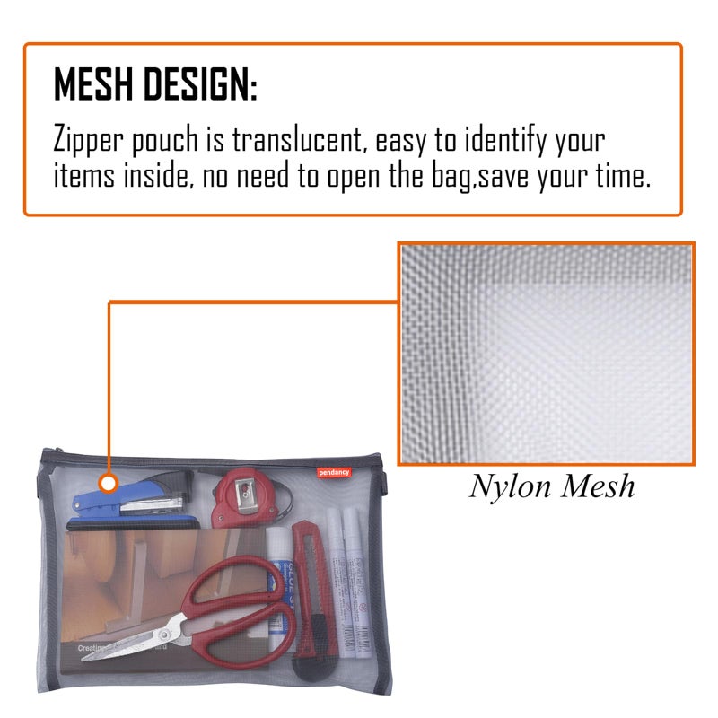 pendancy Mesh Zipper Pouch 5pcs Lightweight Nylon File Folders Document Organizer Cosmetic Bags Accessories Storage for Travel and Office Supplies (Grey, A4 A5 A6) - Image 3